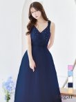 【Lip line/リップライン】刺繍レース/ ビジュー/ Vネック/ ノースリーブ/ チュール/ Aライン/ プリンセス/ フレア/ ロングドレス/ キャバドレス long[HC03]　ネイビー