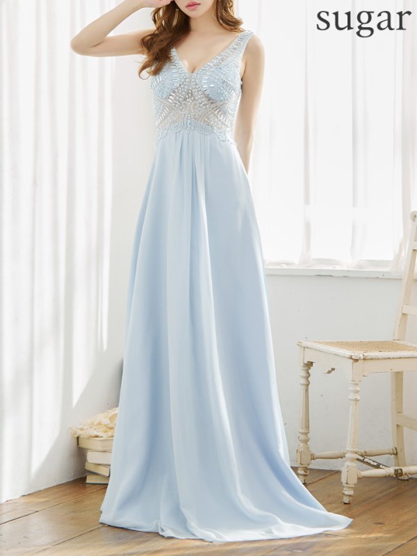 画像11: 【Lip line/リップライン】ワンカラー/ ノースリーブ/ Aライン/ ビジュー刺繍/ フレア/ ロングドレス/ キャバドレス long[HC03] (11)