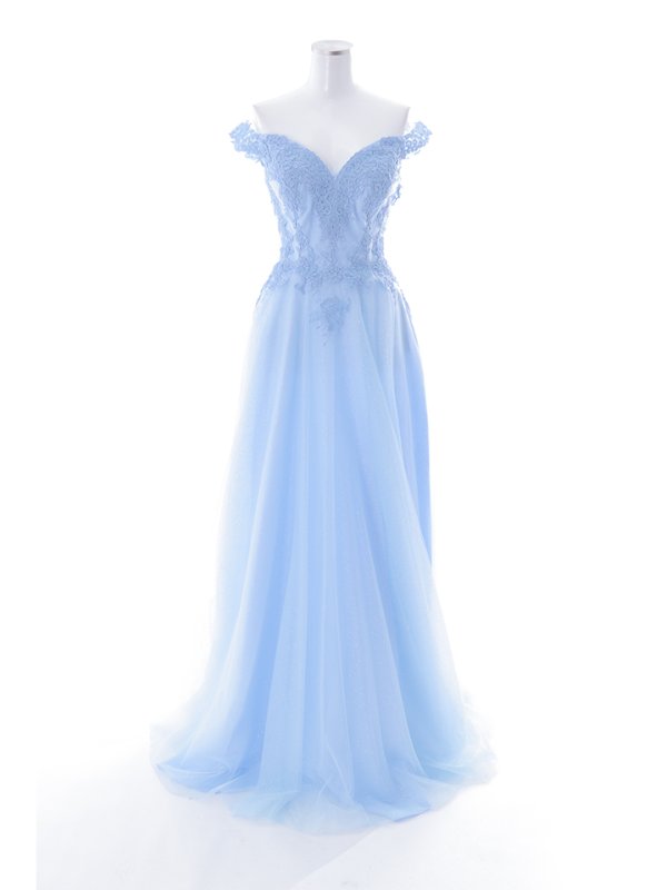 【Lip line/リップライン】オフショル/ ハートカット/ ラメ/ 刺繍レース/ チュール/ プリンセス/ フレア/ Aライン/ ロングドレス/ キャバドレス long ライトブルー