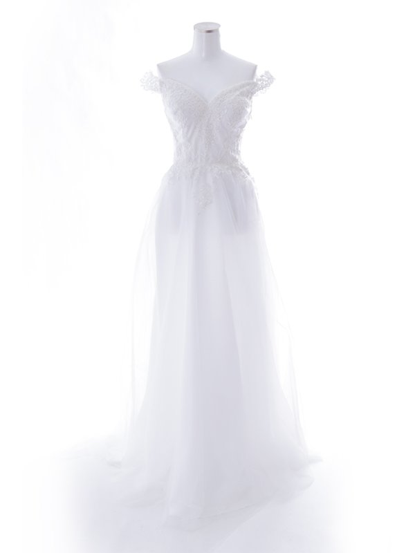 【Lip line/リップライン】オフショル/ ハートカット/ ラメ/ 刺繍レース/ チュール/ プリンセス/ フレア/ Aライン/ ロングドレス/ キャバドレス long ホワイト