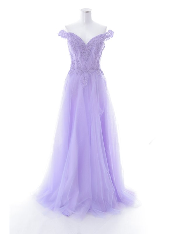 【Lip line/リップライン】オフショル/ ハートカット/ ラメ/ 刺繍レース/ チュール/ プリンセス/ フレア/ Aライン/ ロングドレス/ キャバドレス long ラベンダー