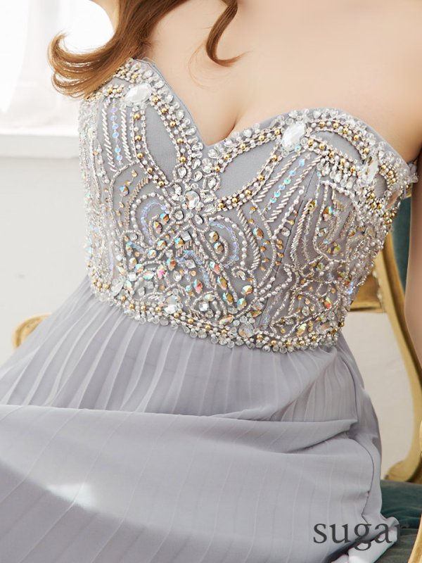 画像10: 【Lip line/リップライン】ビジュー刺繍/ ベア/ プリーツ/ ワンカラー/ Aライン/ ロングドレス/ キャバドレス long[HC03] (10)