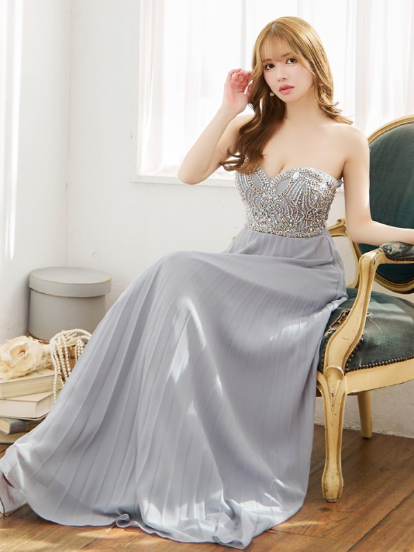 画像3: 【Lip line/リップライン】ビジュー刺繍/ ベア/ プリーツ/ ワンカラー/ Aライン/ ロングドレス/ キャバドレス long[HC03] (3)