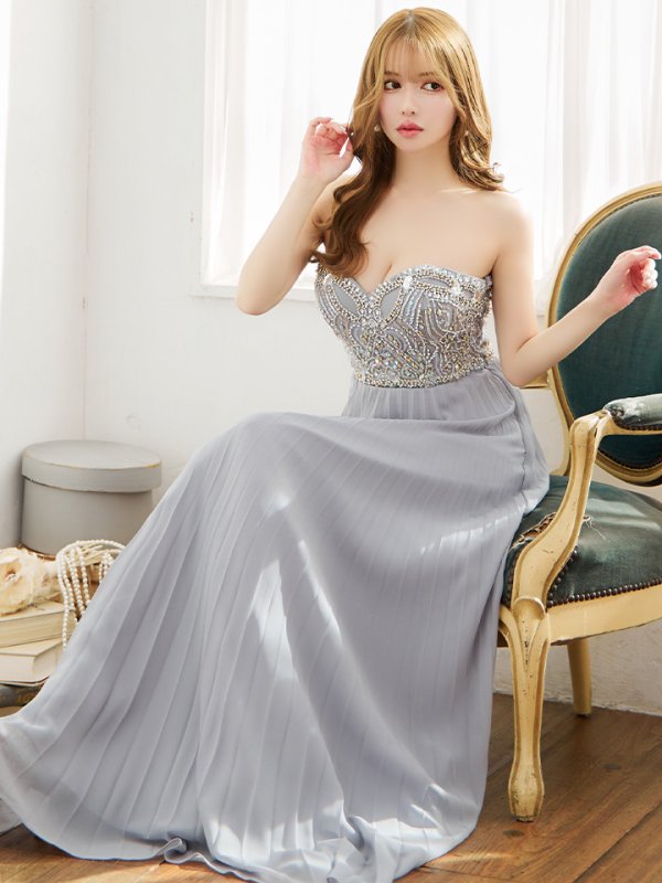 画像4: 【Lip line/リップライン】ビジュー刺繍/ ベア/ プリーツ/ ワンカラー/ Aライン/ ロングドレス/ キャバドレス long[HC03] (4)