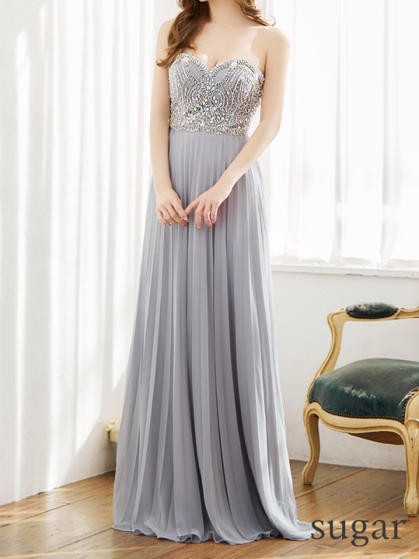 画像8: 【Lip line/リップライン】ビジュー刺繍/ ベア/ プリーツ/ ワンカラー/ Aライン/ ロングドレス/ キャバドレス long[HC03] (8)