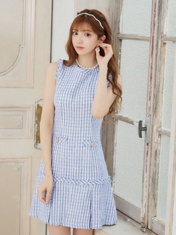 画像15: 【ANDY/アンディ】ミックスツイード/ フリンジ/ チェック柄/ ボックスプリーツ/ フレア/ Aライン/ ワンピース/ ミニドレス/ キャバドレス[OF05] (15)