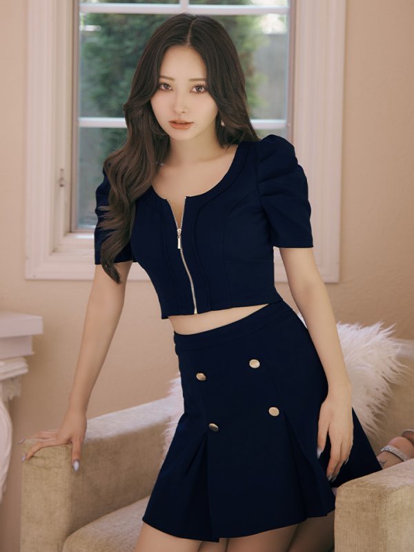 画像18: XSサイズあり【ANDY/アンディ】フロントジップ/ 半袖/ 袖あり/ ストレッチ/ ボックスプリーツ/ フレア/ セットアップ/ ミニドレス/ キャバドレス[OF05] (18)