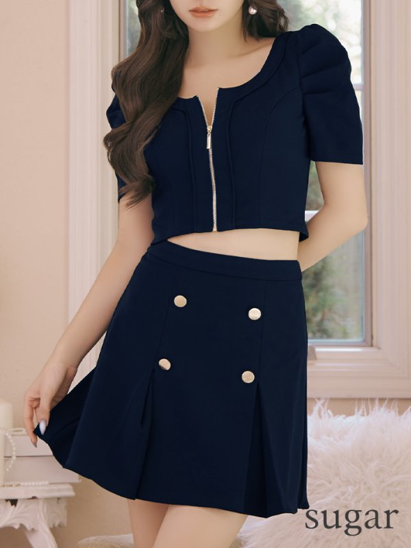 画像24: XSサイズあり【ANDY/アンディ】フロントジップ/ 半袖/ 袖あり/ ストレッチ/ ボックスプリーツ/ フレア/ セットアップ/ ミニドレス/ キャバドレス[OF05] (24)