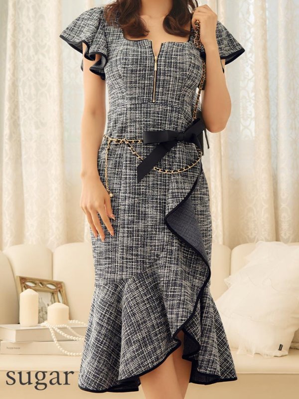 画像25: 【ANDY/アンディ】 チェーンベルト付き/ フリルデザイン/ 半袖/ 袖あり/ フロントジップ/ アシンメトリー/ 膝丈/ ミディアムドレス/ キャバドレス[OF05] (25)