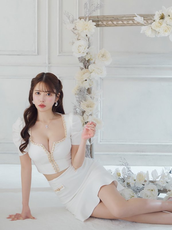 画像2: 【ANDY/アンディ】チェーンパイピング/ スクエアネック/ パフスリーブ/ 袖あり/ フロントジップ/ マーメイド/ セットアップ/ ミニドレス/ キャバドレス[OF05] (2)