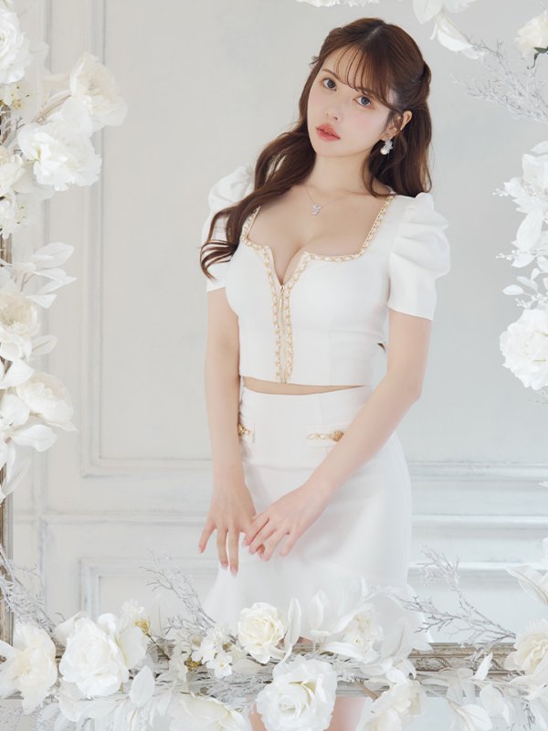 画像5: 【ANDY/アンディ】チェーンパイピング/ スクエアネック/ パフスリーブ/ 袖あり/ フロントジップ/ マーメイド/ セットアップ/ ミニドレス/ キャバドレス[OF05] (5)