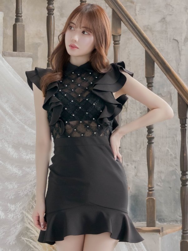 画像4: 【an/アン】マーメイド/ 襟付き/ フリルデザイン/ シアー/ クロスレース/ タイト/ ミニドレス/ キャバドレス[OF05] (4)