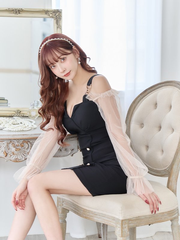 画像6: XSサイズあり【an/アン】シアー/ 切り替え/ ショルダーバックル/ 長袖/ 袖あり/ パールボタン/ タイト/ ミニドレス/ キャバドレス[OF05] (6)