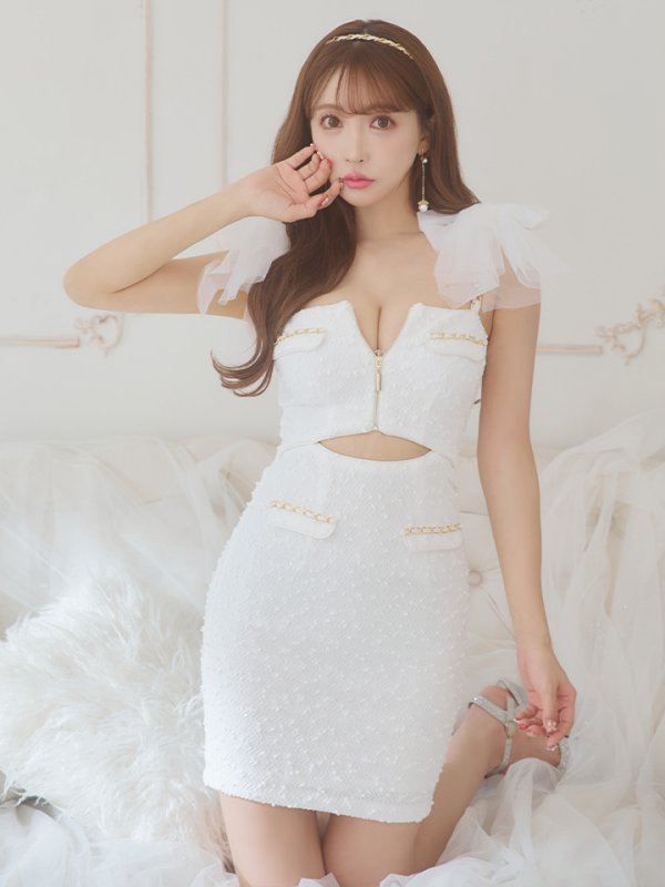 画像23: XSサイズあり【an /アン】 スパンコール/ ツイード/ ショルダーリボン/ チェーン/ フロントジップ/ カットアウト/タイト/ ミニドレス/ キャバドレス[OF05] (23)