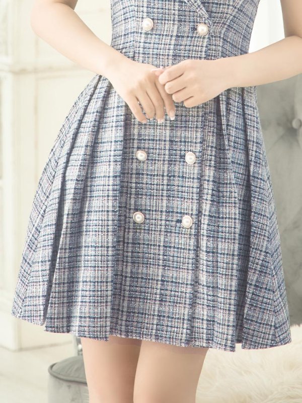 画像14: XSサイズあり【an /アン】ツイード/ パールボタン/ ショルダーリボン/ ノースリーブ/ フレア/ 裾プリーツ/ ミニドレス/ キャバドレス[OF05] (14)