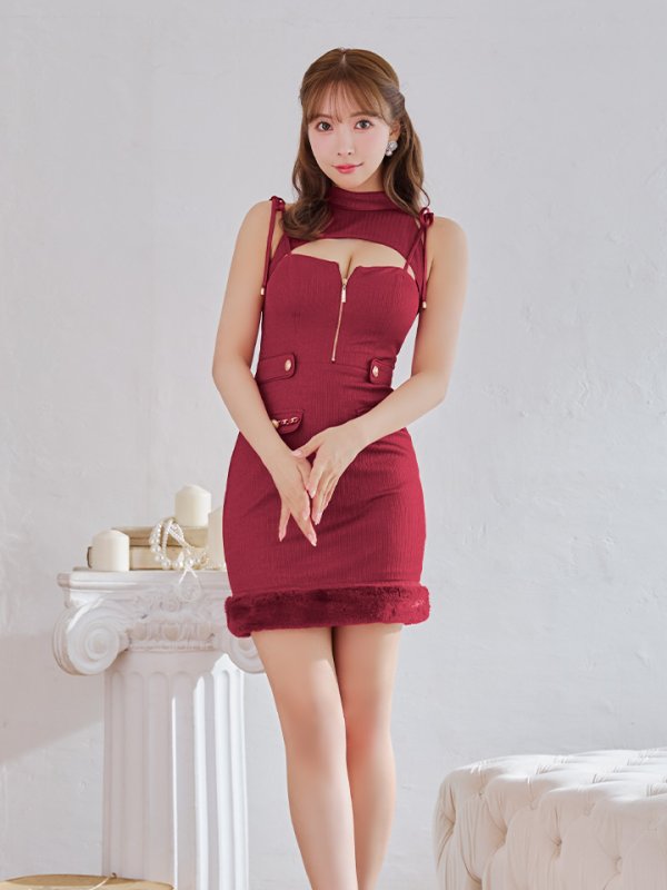 画像7: XSサイズあり【an /アン】 バストジッパー/ ハイネック/ カットアウト/ ノースリーブ/ ポケットデザイン/ 裾ファー/ タイト/ ミニドレス/ キャバドレス[OF05] (7)