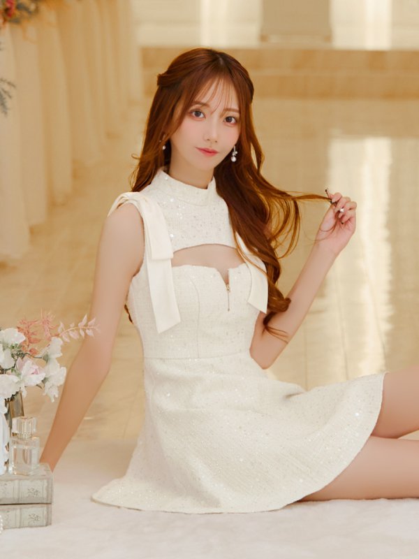 画像3: XSサイズあり【an /アン】スパンコール/ ツイード/ ショルダーリボン/ バストカット/ ノースリーブ/ フレア/ ミニドレス/ キャバドレス[OF05] (3)