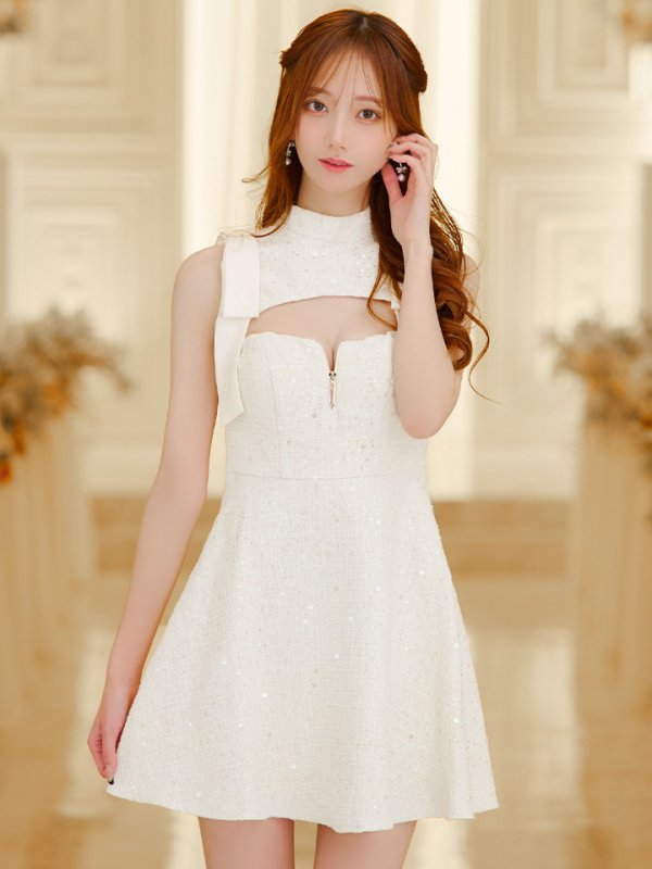 画像4: XSサイズあり【an /アン】スパンコール/ ツイード/ ショルダーリボン/ バストカット/ ノースリーブ/ フレア/ ミニドレス/ キャバドレス[OF05] (4)
