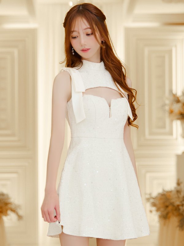 画像5: XSサイズあり【an /アン】スパンコール/ ツイード/ ショルダーリボン/ バストカット/ ノースリーブ/ フレア/ ミニドレス/ キャバドレス[OF05] (5)