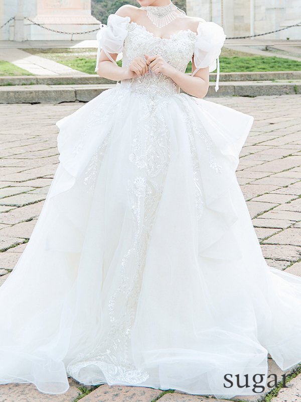 画像8: 【couture an/クチュールアン】 刺繍/ パフスリーブ/ チョーカー/ チュール/ レース/ フレア/  プリンセス/ ロングドレス/ ウエディングドレス long[OF05] (8)