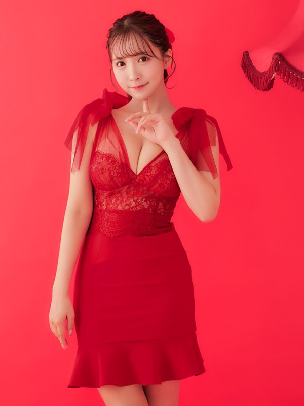 画像7: 【an /アン】マーメイド/ チュール/ ショルダーリボン/ レース切り替え/ フリル/ ランジェリーライク/ ミニドレス/ キャバドレス[OF05] (7)