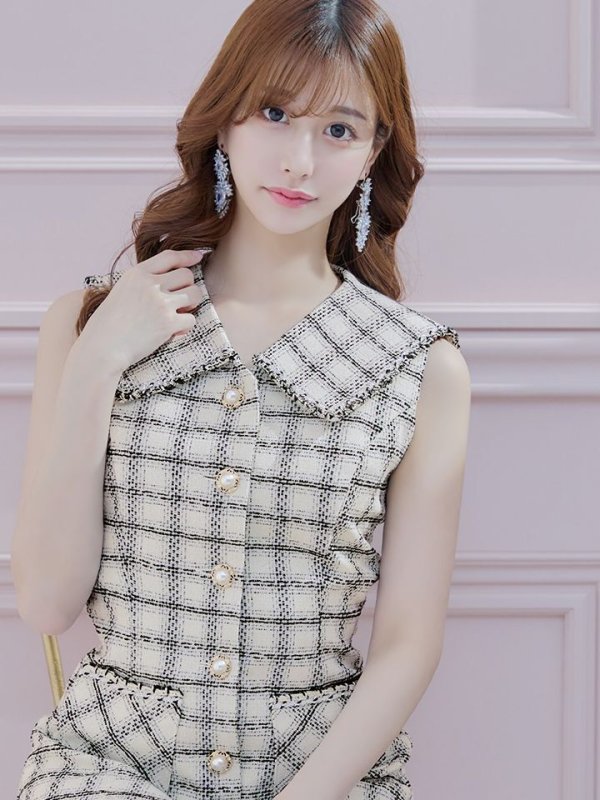 画像2: 【an/アン】 ツイード / ノースリーブ/ 襟付き/ Aライン/ 台形スカート/ ミニドレス/ キャバドレス[OF05] (2)