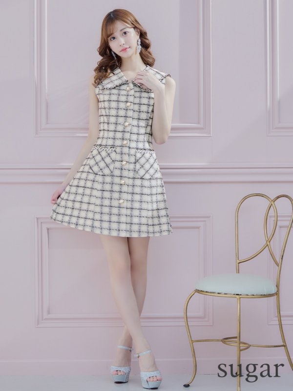 画像6: 【an/アン】 ツイード / ノースリーブ/ 襟付き/ Aライン/ 台形スカート/ ミニドレス/ キャバドレス[OF05] (6)