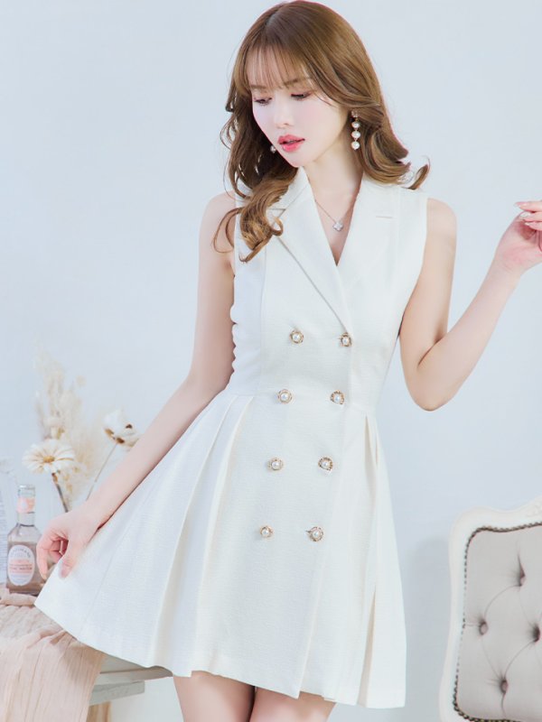 画像11: 【an/アン】襟付き/ ストレッチ/ パールボタン/ ジャケット風/ ノースリーブ/ プリーツ/ フレア/ ワンピース/ ミニドレス/ キャバドレス[OF05] (11)