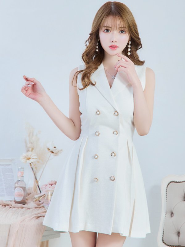 画像13: 【an/アン】襟付き/ ストレッチ/ パールボタン/ ジャケット風/ ノースリーブ/ プリーツ/ フレア/ ワンピース/ ミニドレス/ キャバドレス[OF05] (13)