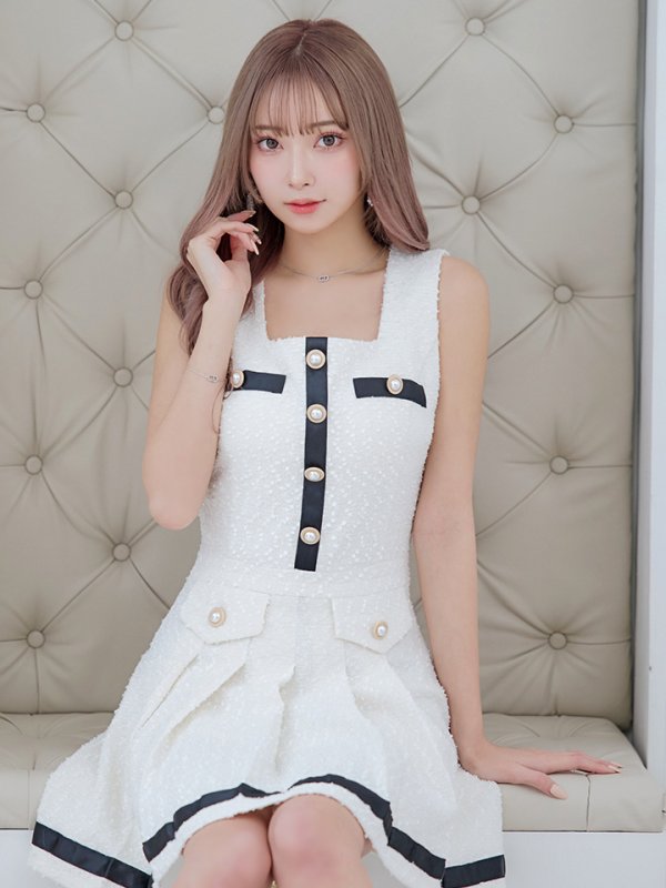 画像7: 【an/アン】ツイード/ ストレッチ/ プリーツ/ バイカラー/ ボタン/ フレア/ミニドレス/ キャバドレス[OF05] (7)