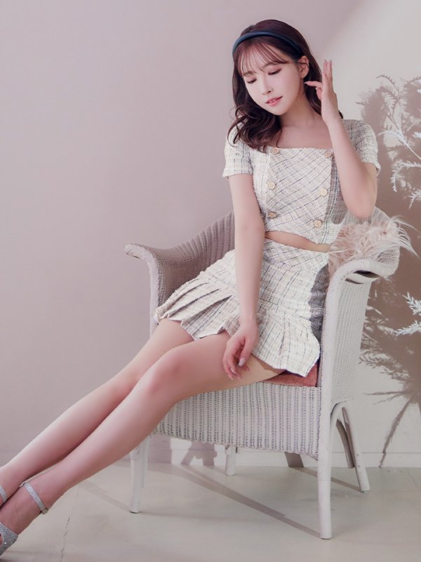 画像12: sugarオリジナルカラー☆XSサイズあり【an/アン】ミックスツイード/ ボタンデザイン/ 半袖/ 袖あり/ セットアップ/ プリーツ/ ミニドレス/ キャバドレス[OF05] (12)