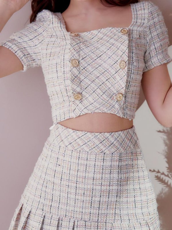 画像14: sugarオリジナルカラー☆XSサイズあり【an/アン】ミックスツイード/ ボタンデザイン/ 半袖/ 袖あり/ セットアップ/ プリーツ/ ミニドレス/ キャバドレス[OF05] (14)