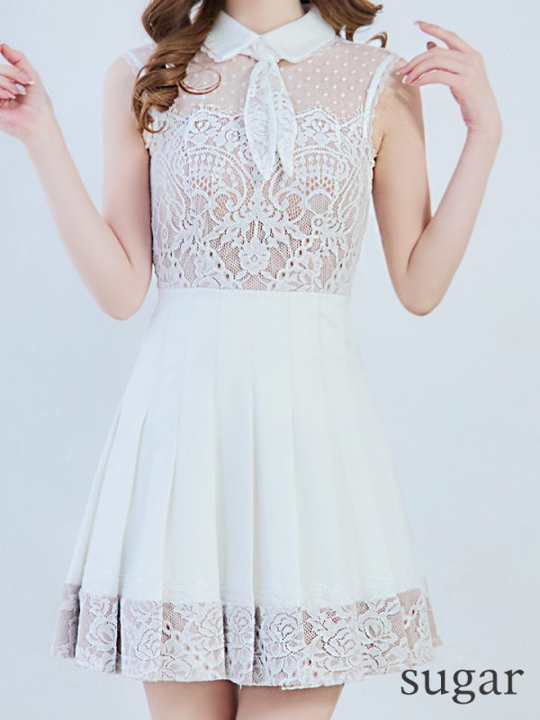 画像8: 【an /アン】襟付き/ ドットチュール/ レース切替/ ノースリーブ/ プリーツ/ フレア/ ミニドレス/ キャバドレス[OF05] (8)