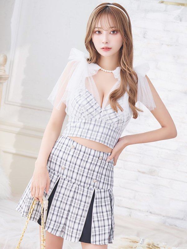 画像4: 【an /アン】チェック柄/ ショルダーリボン/ チュール/ Aライン/ セットアップ/ ミニドレス/ キャバドレス[OF05] (4)
