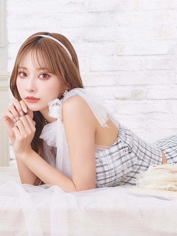 画像6: 【an /アン】チェック柄/ ショルダーリボン/ チュール/ Aライン/ セットアップ/ ミニドレス/ キャバドレス[OF05] (6)