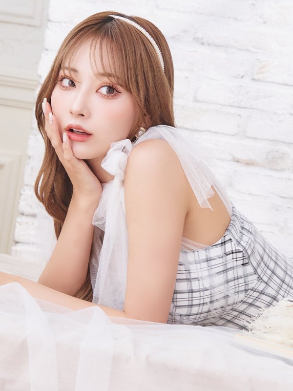 画像7: 【an /アン】チェック柄/ ショルダーリボン/ チュール/ Aライン/ セットアップ/ ミニドレス/ キャバドレス[OF05] (7)