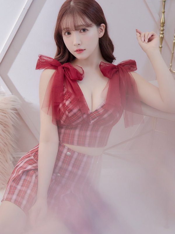 画像5: 【an /アン】チェック柄/ ショルダーリボン/ チュール/ Aライン/ セットアップ/ ミニドレス/ キャバドレス[OF05] (5)