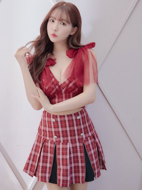 画像6: 【an /アン】チェック柄/ ショルダーリボン/ チュール/ Aライン/ セットアップ/ ミニドレス/ キャバドレス[OF05] (6)