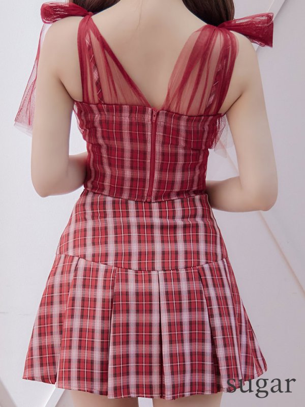 画像9: 【an /アン】チェック柄/ ショルダーリボン/ チュール/ Aライン/ セットアップ/ ミニドレス/ キャバドレス[OF05] (9)