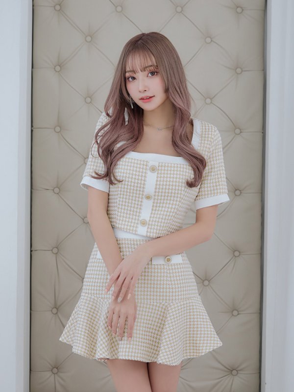 画像6: 人気商品再入荷♪【an/アン】千鳥柄/ ツイード/ セットアップ/ ボタン/ 半袖/ 袖あり/ 裾フリル/ ミニドレス/ キャバドレス[OF05] (6)