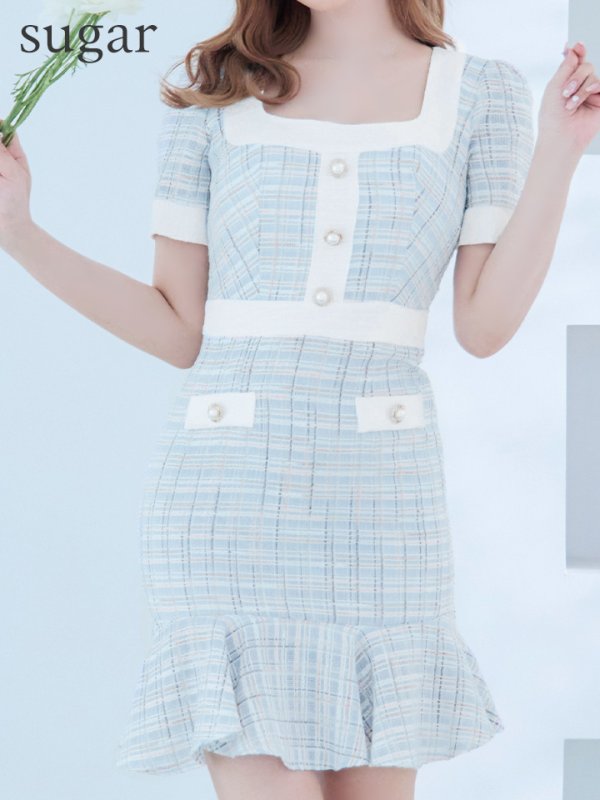 画像8: XSサイズあり【an ANDY Fashion Press 13 COLLECTION 03】チェック柄/ ツイード/ フロントボタン/ 半袖/ 袖あり/ タイト/ 裾フリル/ ミニドレス/ キャバドレス[OF05] (8)