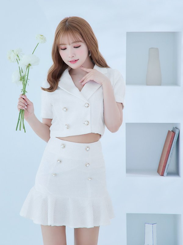 画像3: お得！【an /アン】マーメイド/ パールボタン/ ショートスリーブ/ セットアップ/ Aライン/ 裾フリル/ ミニドレス/ キャバドレス[OF05] (3)