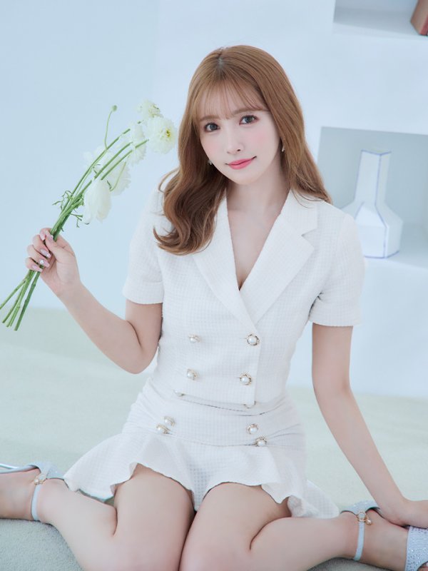 画像2: お得！【an /アン】マーメイド/ パールボタン/ ショートスリーブ/ セットアップ/ Aライン/ 裾フリル/ ミニドレス/ キャバドレス[OF05] (2)