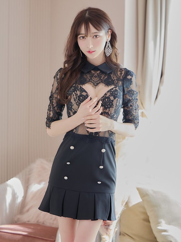 画像5: 【an/アン】襟付き/ レース切替/ カットアウト/ 五分袖/ 袖あり/ タイト/ プリーツ/ ミニドレス/ キャバドレス[OF05] (5)