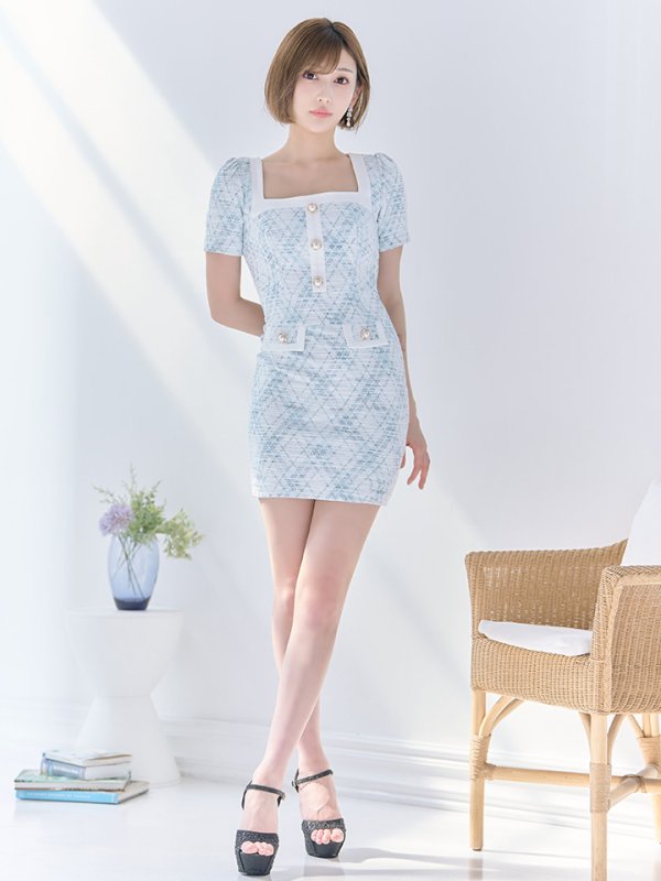 画像4: 【an/アン】チェック柄/ ストレッチツイード/ フロントボタン/ 半袖/ 袖あり/ タイト/ ミニドレス/ キャバドレス[OF05] (4)