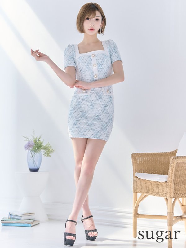 画像7: 【an/アン】チェック柄/ ストレッチツイード/ フロントボタン/ 半袖/ 袖あり/ タイト/ ミニドレス/ キャバドレス[OF05] (7)