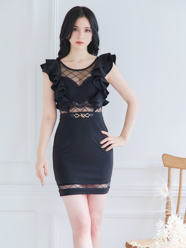 画像5: 【an /アン】フリルショルダー/ ワンカラー/ レース/ ブロックチュール/ チェーン/ タイト/ ミニドレス/ キャバドレス[OF05] (5)