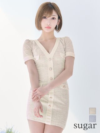 sugar [an] イエロー ツイード タイト キャバドレス M ミニドレス：イエロー(黄)｜キャバドレス・ミニドレス通販はsugar
