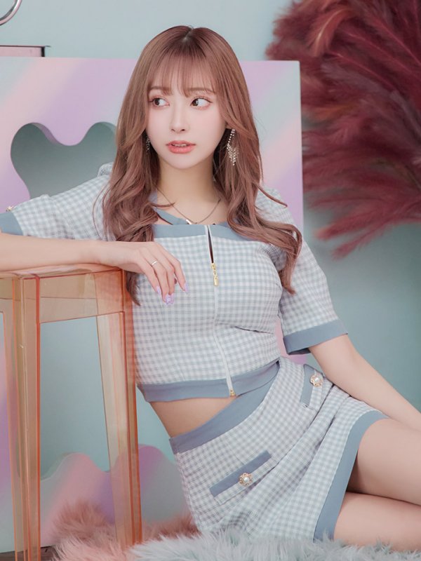 画像6: 【an /アン】ギンガムチェック/ フロントジップ/ スクエアネック/ 袖あり/ ショートスリーブ/ セットアップ/ タイト/ ミニドレス/ キャバドレス[OF05] (6)