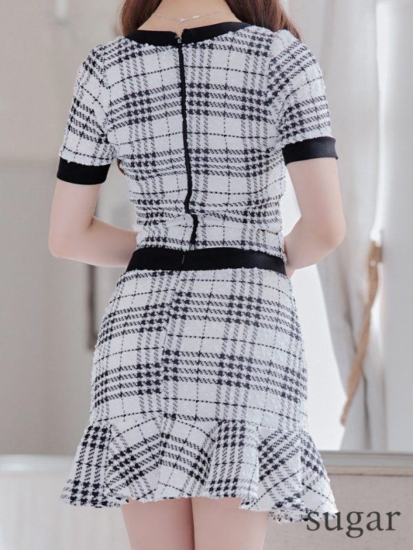 画像9: XSサイズあり【an/アン】ツイード/ チェック柄/ マーメイド/ ストレッチ/ 半袖/ 袖あり/ ボタン/ セットアップ/ ミニドレス/ キャバドレス[OF05] (9)